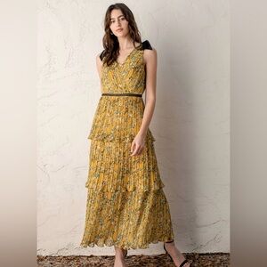 Lulus Yellow Floral Print Pleated Maxi Dress